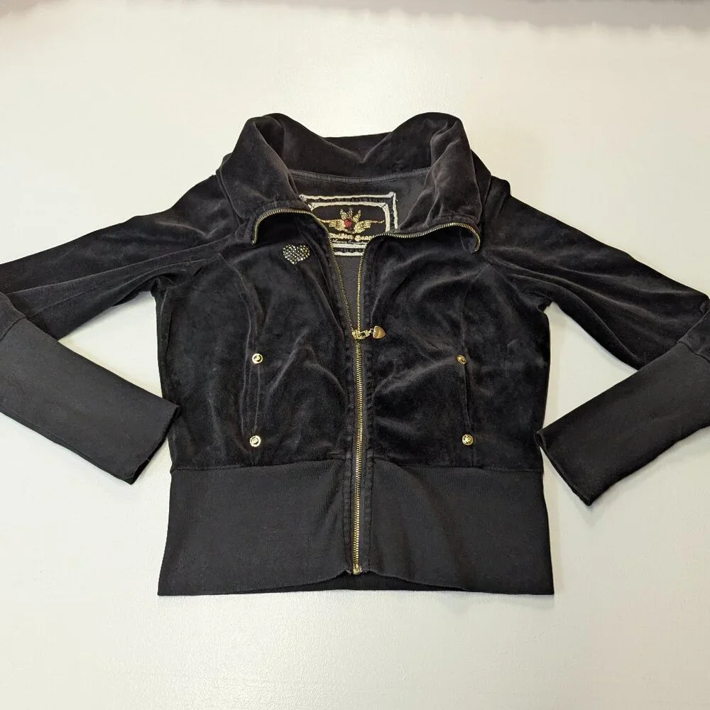 Twisted Heart Black Velour Zippered Jacket Size *Small - Picture 1 of 15